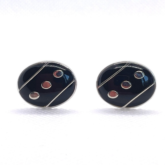 Black Oval Enamel Cufflinks w “Dot” Pattern Silver & Black! Stocking Stuffer! - Picture 2 of 13